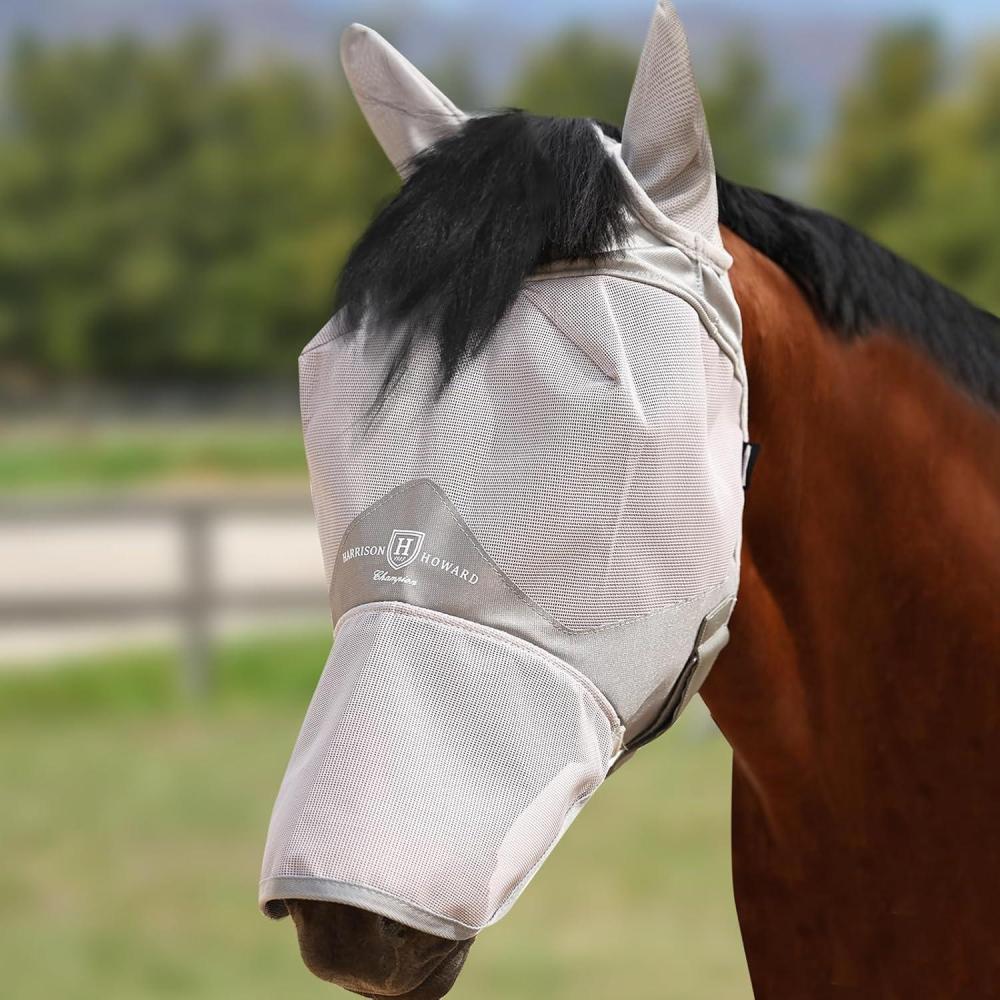 image:imageHarrison Howard Full Face Horse Fly Mask UV Protection and Breathable for Equine Use Comfortable Magenta XSGrey