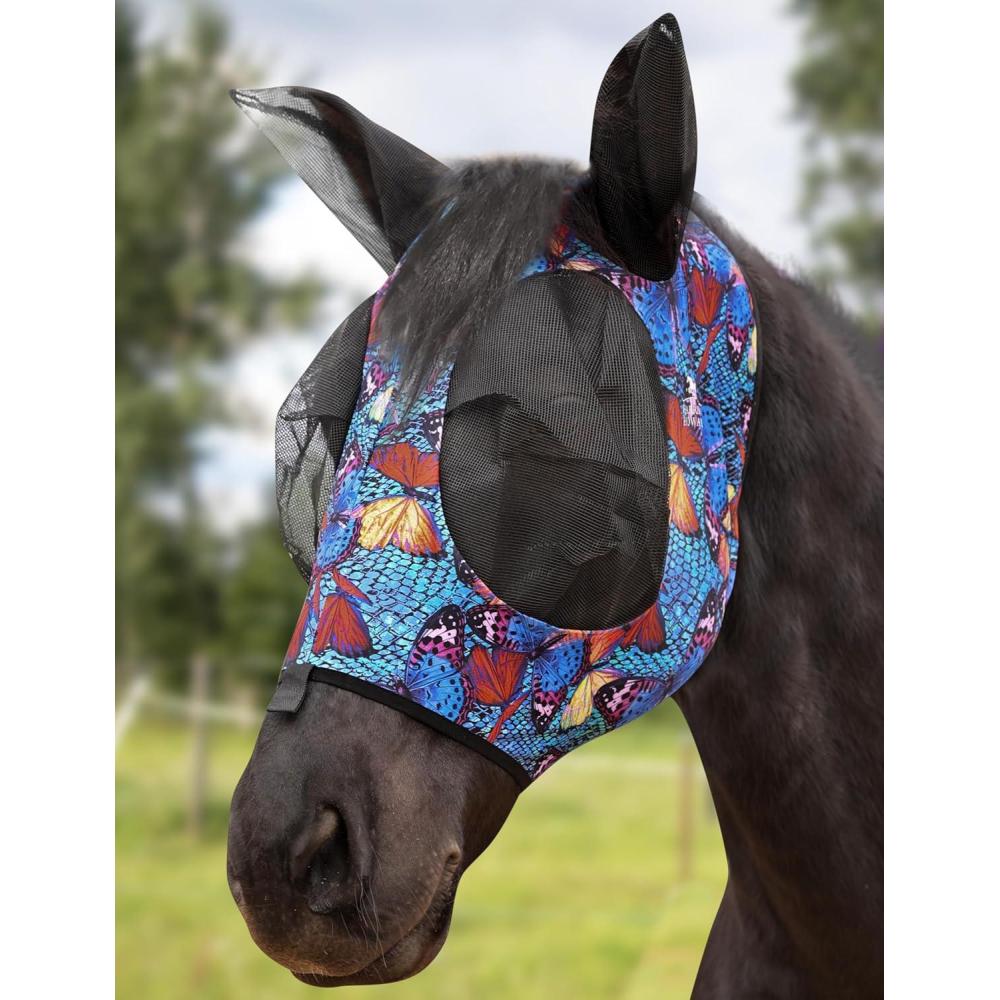 image:imageHarrison Howard Stretch Fly Mask with Forelock Opening and Patterns Comfortable Breathable Snug Fitting Horse Fly Mask Leopard MButterfly