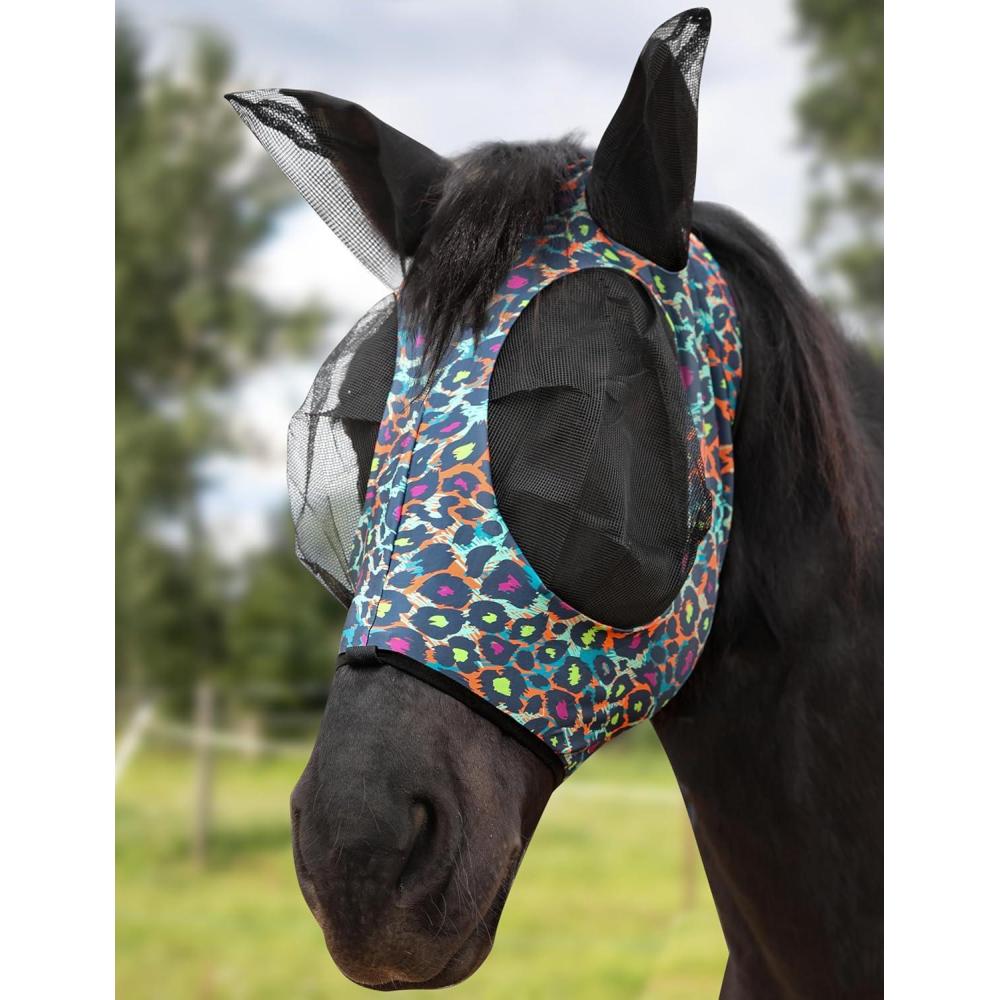 image:imageHarrison Howard Stretch Fly Mask with Forelock Opening and Patterns Comfortable Breathable Snug Fitting Horse Fly Mask Leopard MLeopard