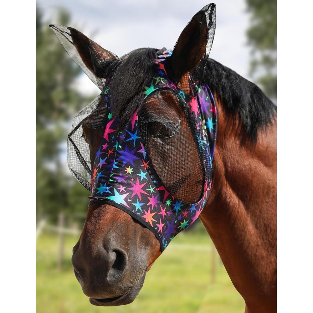 image:imageHarrison Howard Stretch Fly Mask with Forelock Opening and Patterns Comfortable Breathable Snug Fitting Horse Fly Mask Leopard MLuminous Stars