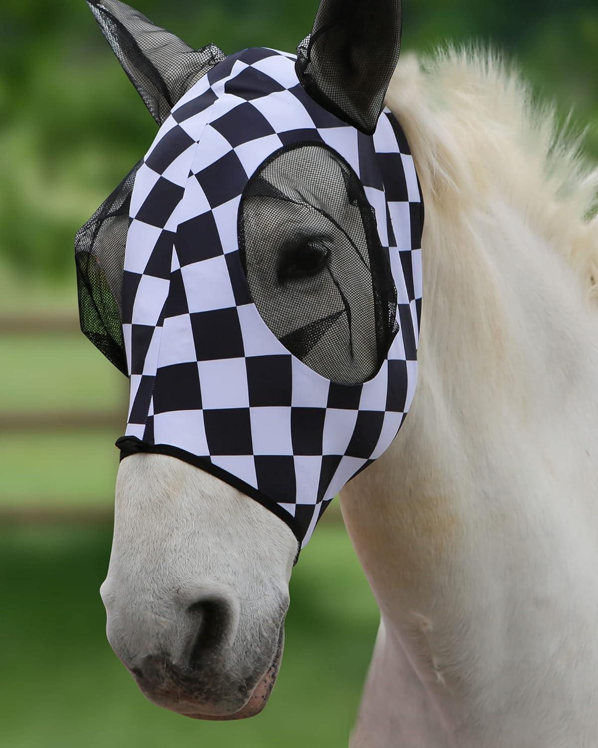 image:imageHarrison Howard Super Comfort Stretchy Fly Mask Large Eye Space with UV Protection Soft on Skin with Breathability Star MediumChecker Board