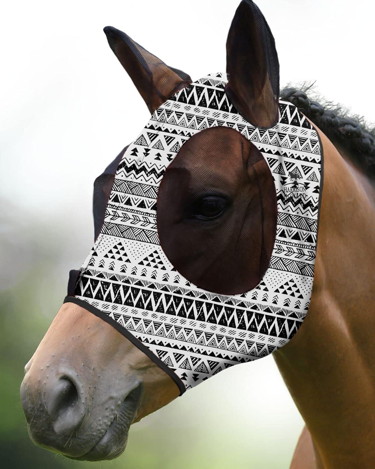 image:imageHarrison Howard Super Comfort Stretchy Fly Mask Large Eye Space with UV Protection Soft on Skin with Breathability Star MediumDoodle Aztec