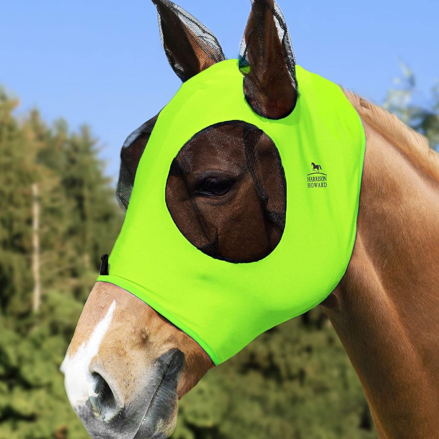 image:imageHarrison Howard Super Comfort Stretchy Fly Mask Large Eye Space with UV Protection Soft on Skin with Breathability Star MediumFluroLime