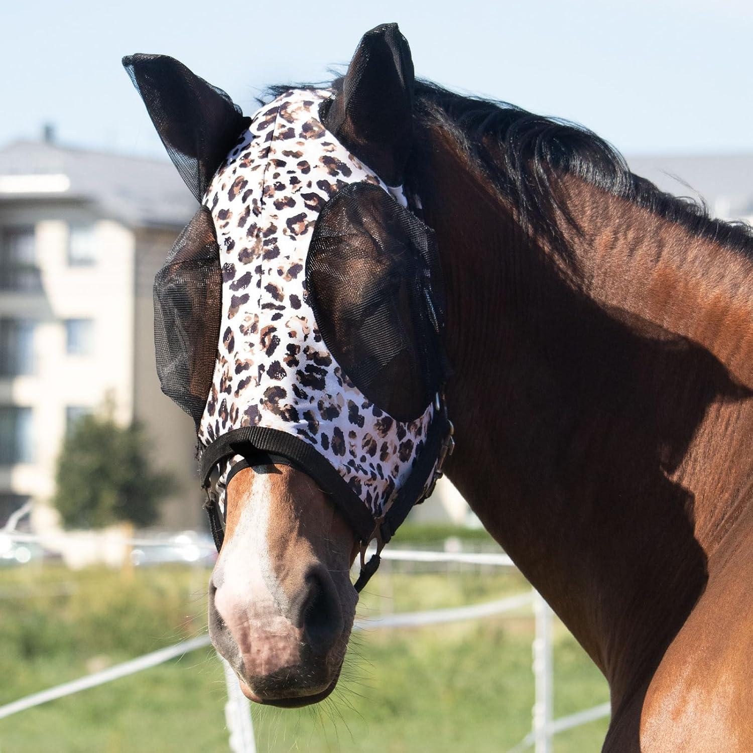 image:imageHarrison Howard Super Comfort Stretchy Fly Mask Large Eye Space with UV Protection Soft on Skin with Breathability Star MediumLeopard Print