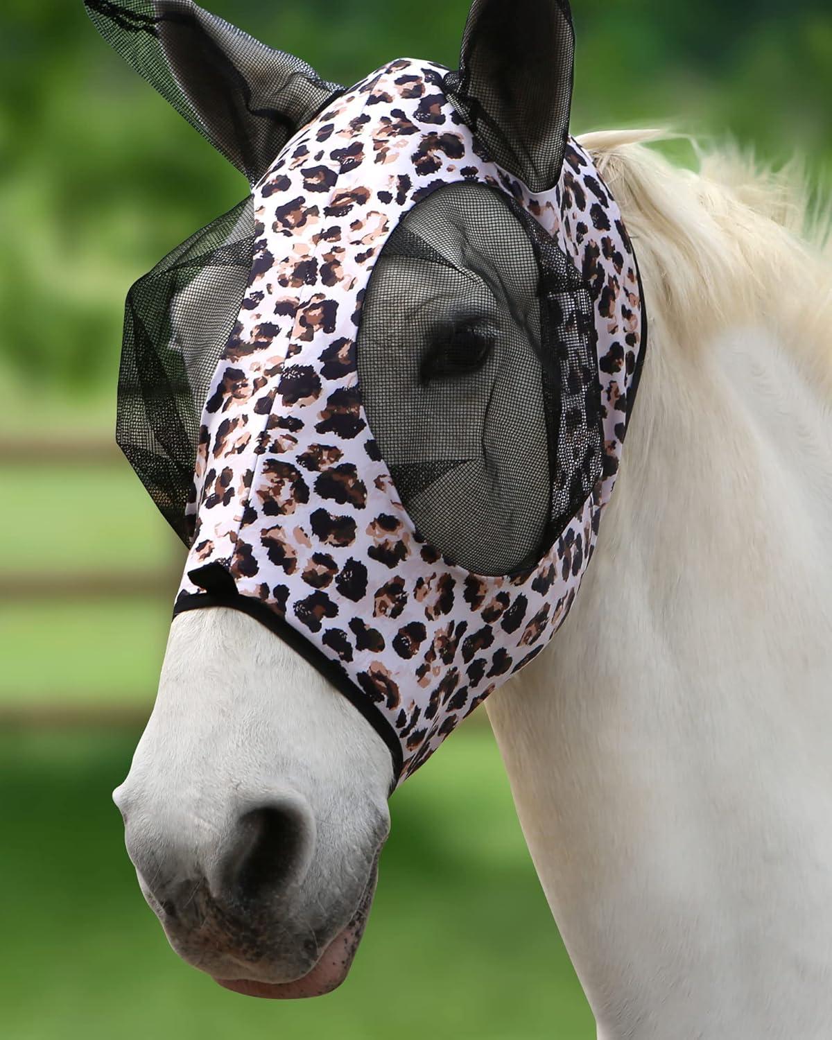 image:imageHarrison Howard Super Comfort Stretchy Fly Mask Large Eye Space with UV Protection Soft on Skin with Breathability Star MediumLeopard Print