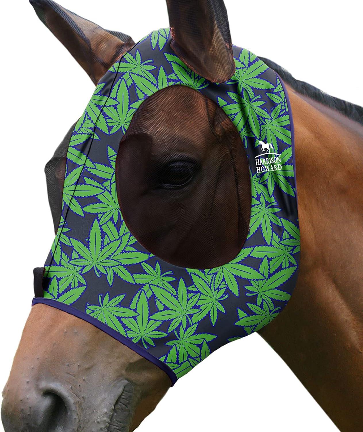 image:imageHarrison Howard Super Comfort Stretchy Fly Mask Large Eye Space with UV Protection Soft on Skin with Breathability Star MediumLive Leaf
