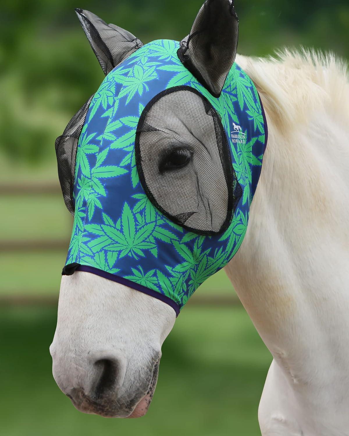 image:imageHarrison Howard Super Comfort Stretchy Fly Mask Large Eye Space with UV Protection Soft on Skin with Breathability Star MediumLive Leaf