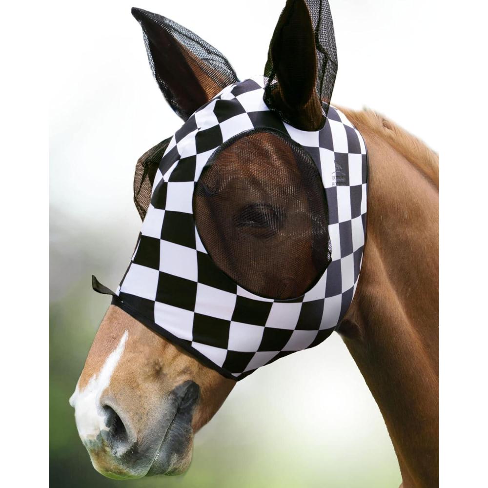 image:imageHarrison Howard Super Comfort Stretchy Fly Mask Large Eye Space with UV Protection Soft on Skin with Breathability Star MediumChecker Board