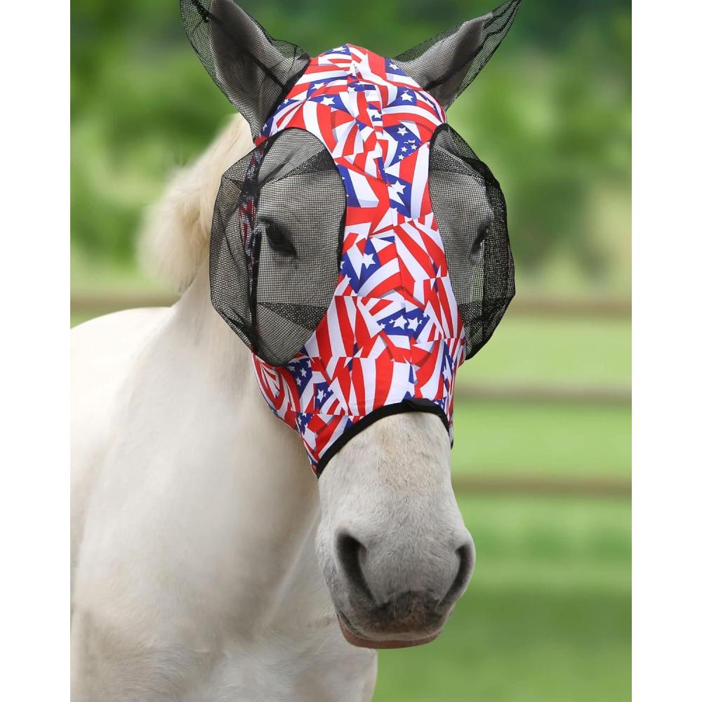 image:imageHarrison Howard Super Comfort Stretchy Fly Mask Large Eye Space with UV Protection Soft on Skin with Breathability Star MediumFlag Grid