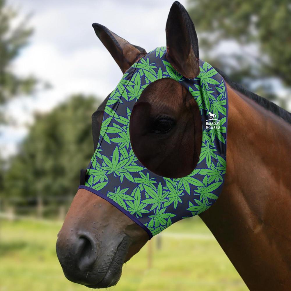 image:imageHarrison Howard Super Comfort Stretchy Fly Mask Large Eye Space with UV Protection Soft on Skin with Breathability Star MediumLive Leaf