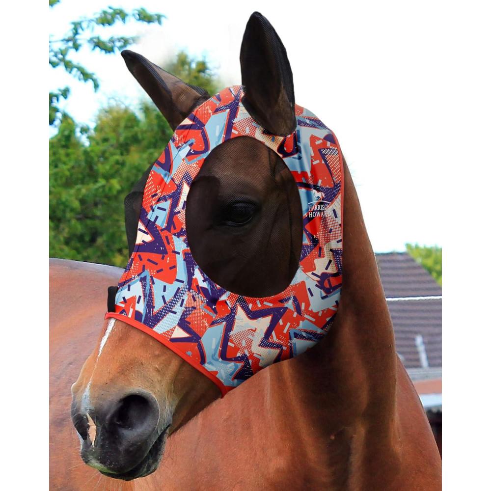 image:imageHarrison Howard Super Comfort Stretchy Fly Mask Large Eye Space with UV Protection Soft on Skin with Breathability Star MediumOrange Geo Print