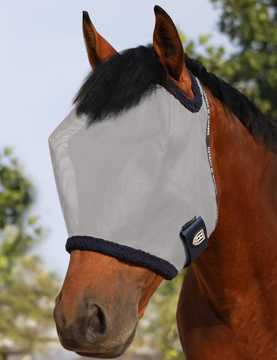 image:imageHarrison Howard AllRound Mesh Horse Fly Mask UV Protective with FleecePadded Edging Deep Navy SGrey