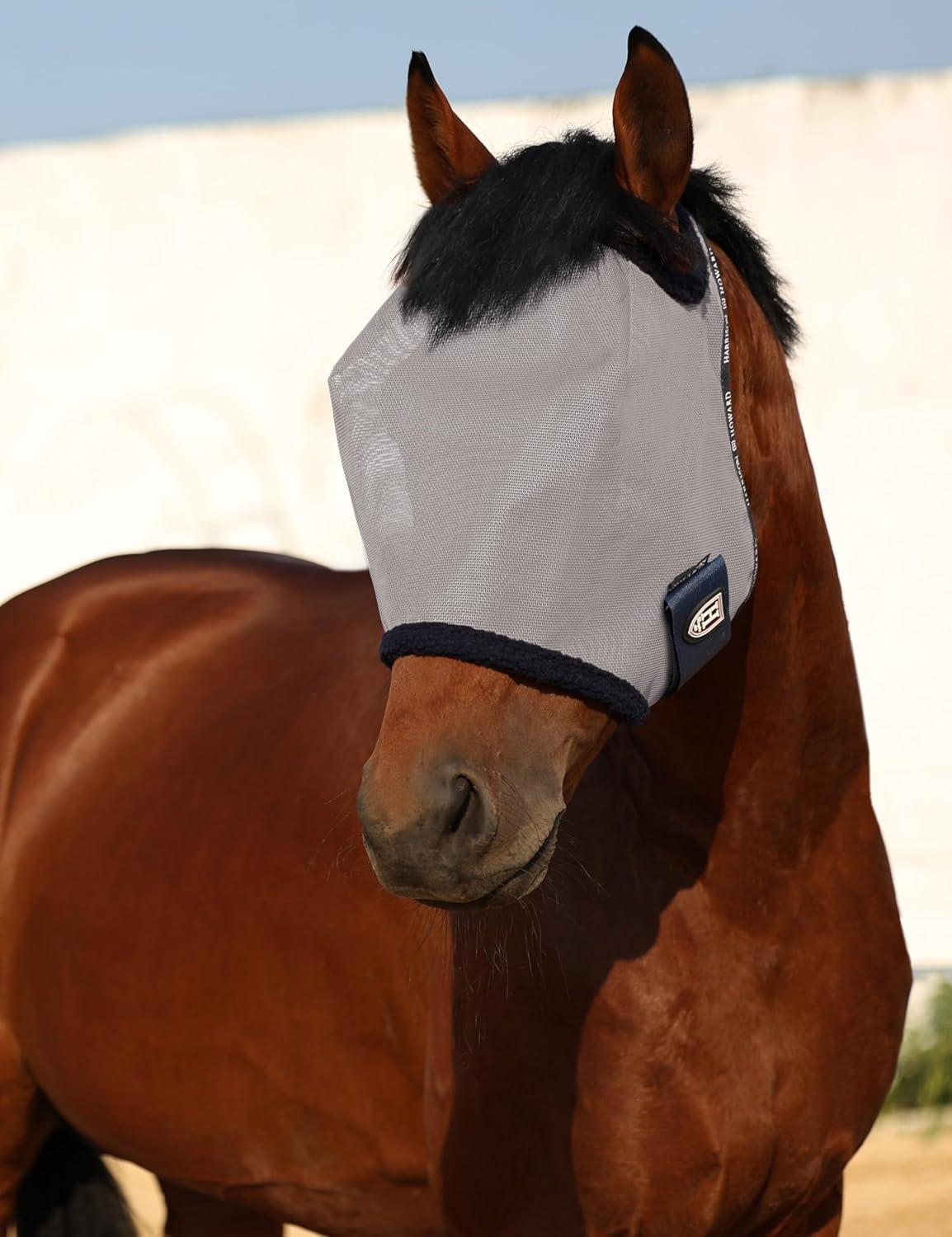 image:imageHarrison Howard AllRound Mesh Horse Fly Mask UV Protective with FleecePadded Edging Deep Navy SGrey