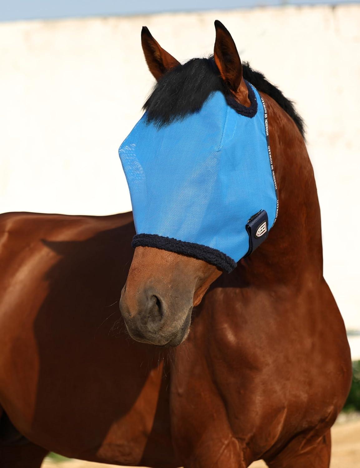image:imageHarrison Howard AllRound Mesh Horse Fly Mask UV Protective with FleecePadded Edging Deep Navy SSky Blue