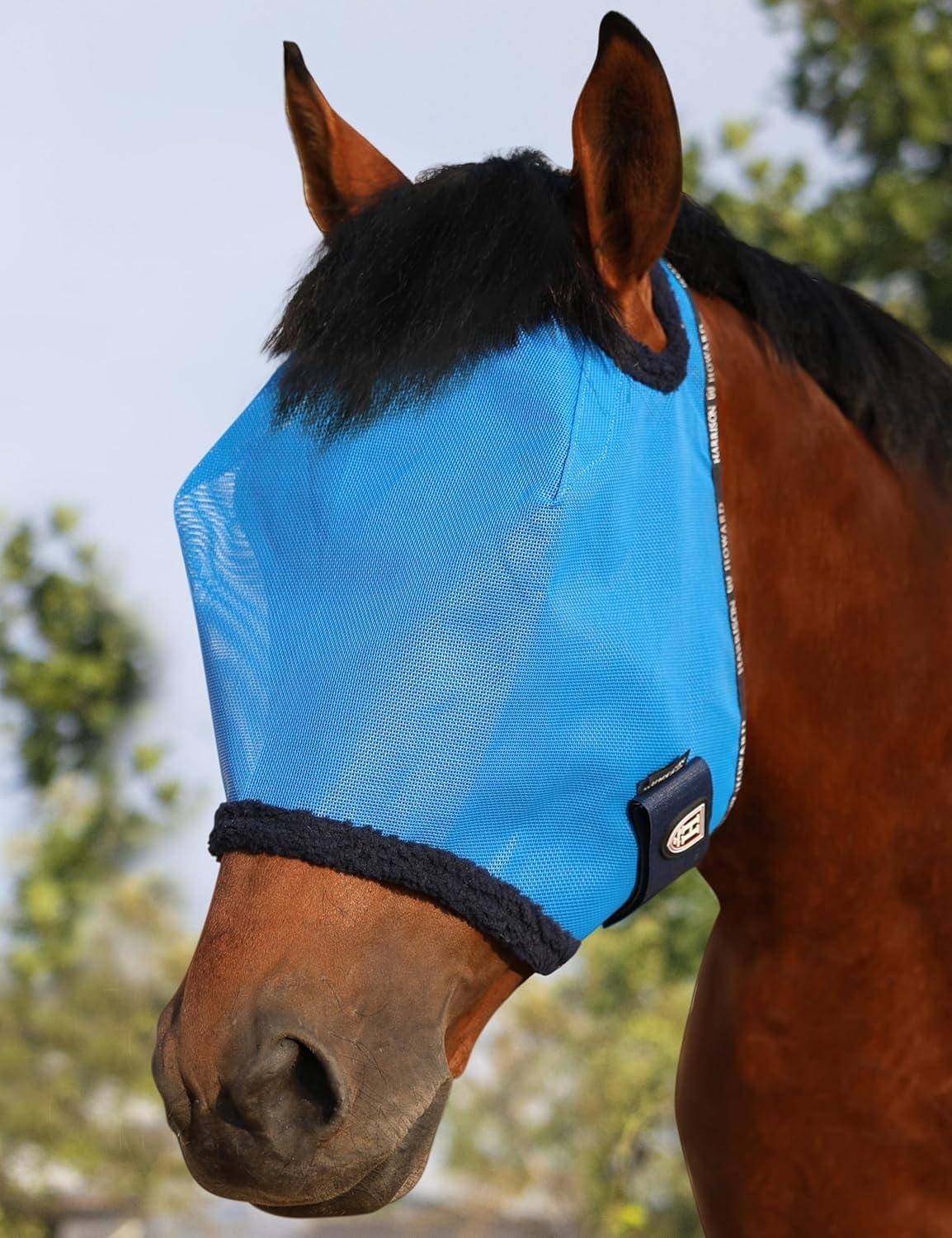 image:imageHarrison Howard AllRound Mesh Horse Fly Mask UV Protective with FleecePadded Edging Deep Navy SSky Blue