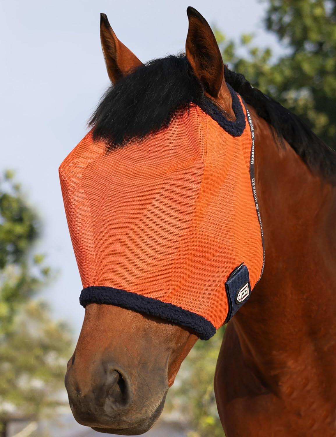 image:imageHarrison Howard AllRound Mesh Horse Fly Mask UV Protective with FleecePadded Edging Deep Navy SVibrant Orange