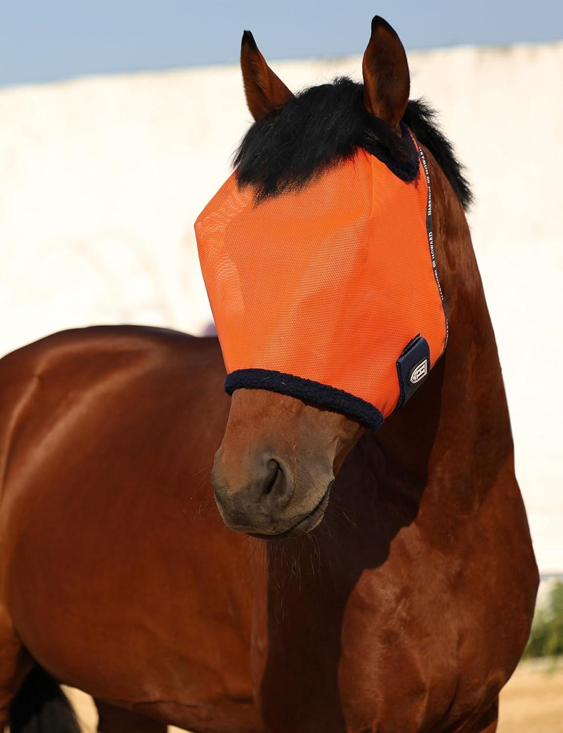 image:imageHarrison Howard AllRound Mesh Horse Fly Mask UV Protective with FleecePadded Edging Deep Navy SVibrant Orange