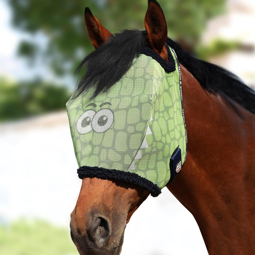 image:imageHarrison Howard All Round Mesh Horse Fly Mask UV Protective with Fleece Padded Edging and Fun Prints Forelock Opening Design Mask for Horse Crocodile MediumCrocodile