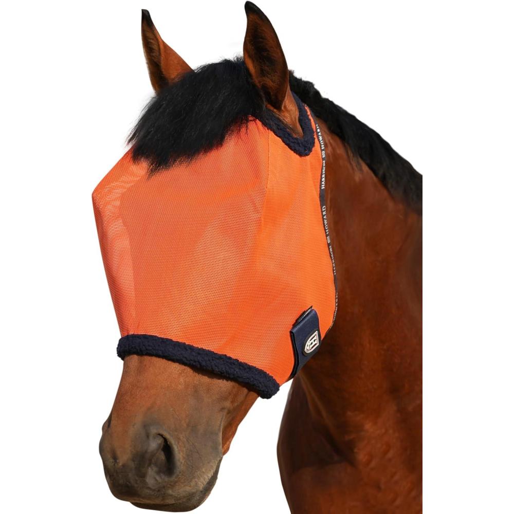 image:imageHarrison Howard AllRound Mesh Horse Fly Mask UV Protective with FleecePadded Edging Deep Navy SVibrant Orange