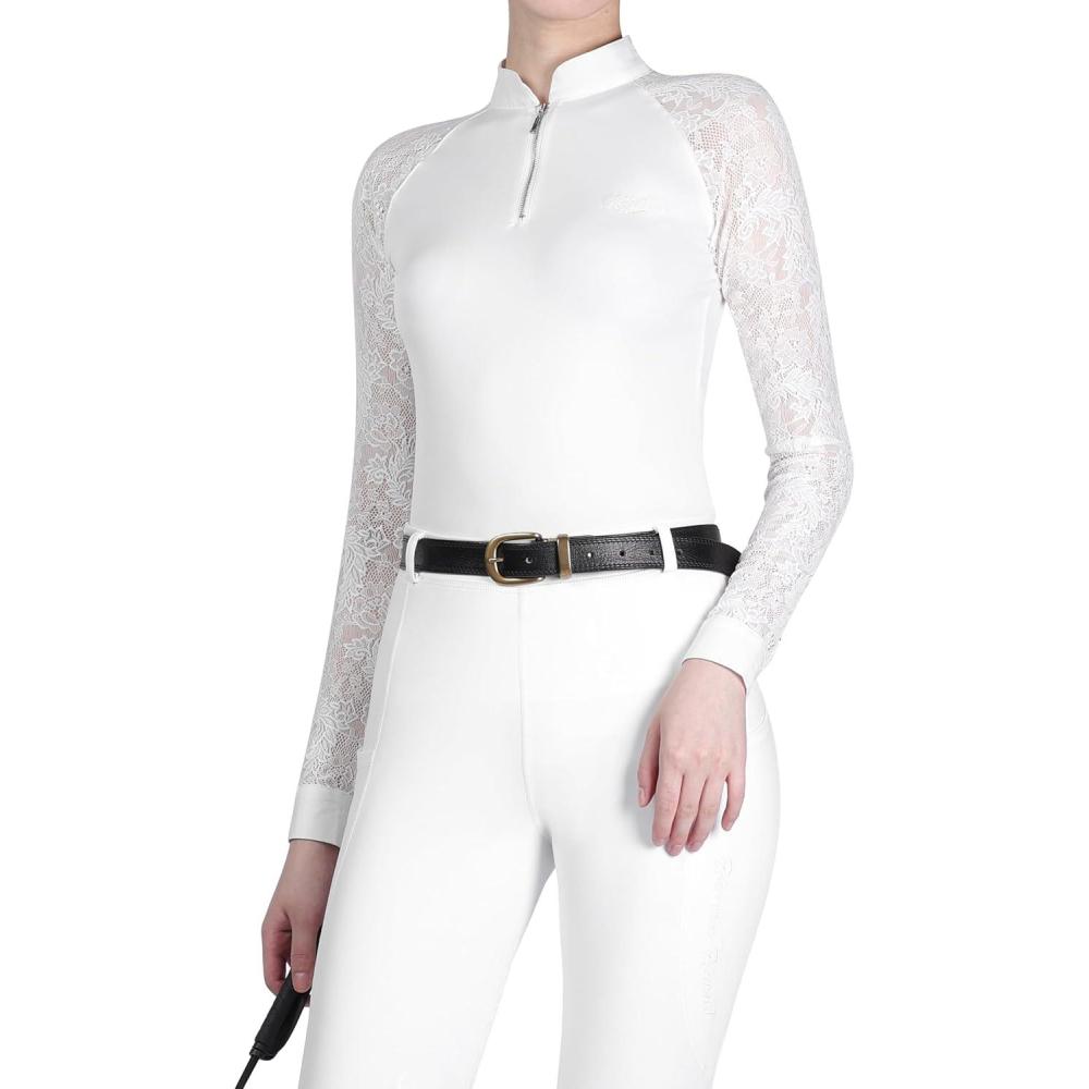 image:imageHarrison Howard Womens Equestrian Show Shirt CompetitionReady Lace Long Sleeve Breathable Slim Fit Horse Show TopOval White