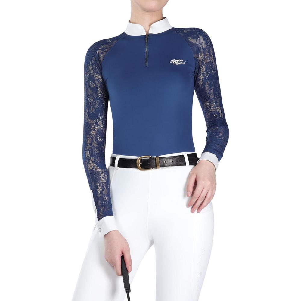 image:imageHarrison Howard Womens Equestrian Show Shirt CompetitionReady Lace Long Sleeve Breathable Slim Fit Horse Show TopPeacock Blue
