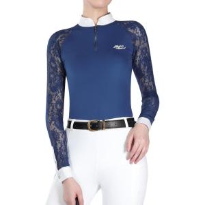 Harrison Howard Women’s Equestrian Show Shirt, Competition-Ready Lace Long Sleeve, Breathable Slim Fit Horse Show Top(Blue)
