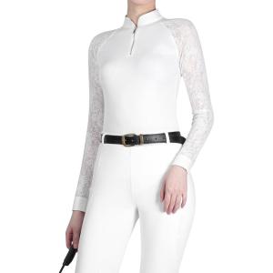 Harrison Howard Women’s Equestrian Show Shirt, Competition-Ready Lace Long Sleeve, Breathable Slim Fit Horse Show Top(Oval White)