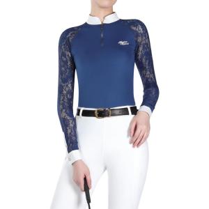 Harrison Howard Women’s Equestrian Show Shirt, Competition-Ready Lace Long Sleeve, Breathable Slim Fit Horse Show Top(Peacock Blue)